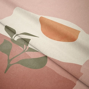 Gros plan détaillé sur un textile bohème abstrait aux tons chauds de terre cuite et rose