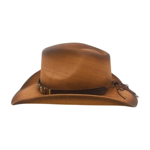 Detailed macro view of brown woven straw cowboy hat with metallic studs and leather band