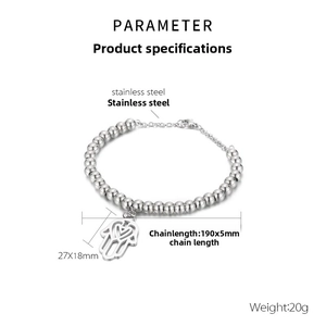 Technical drawing of stainless steel beaded bracelet with Hamsa palm pendant dimensions