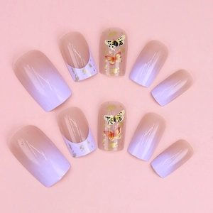 Purple gradient butterfly press-on nails with gold foil accents for women