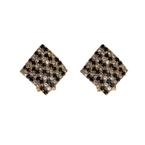 Exquisite silver needle rhombus stud earrings with black and white checkered rhinestones