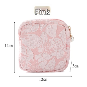 Pink canvas makeup bag with floral jacquard texture, pearl zipper, 12x12x3cm size