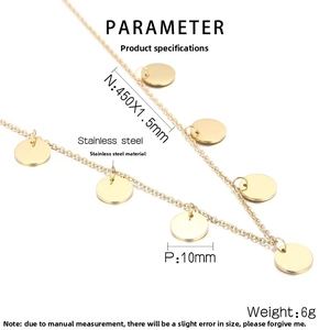 Detailed technical diagram of gold stainless steel necklace with coin pendant measurements