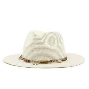 Cream straw Panama hat with seashell, wood beads, and starfish charm for beach sun protection