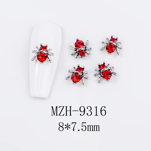 Macro view of 3D spider nail charms with red rhinestones and 8x7.5mm alloy base