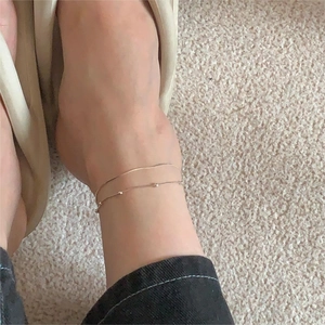 Minimalist double-layered S925 sterling silver gold snake chain anklet with small beads