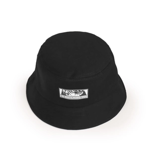 Detail of black cotton canvas bucket hat featuring white 'I'M WATCHING YOU' embroidered patch