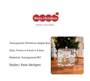 Detailed view of clear Christmas gift box with cartoon bear and size specifications