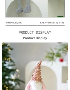 Detail view of pink sequin Christmas gnome with white beard and wooden nose decoration