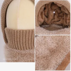 Winter thermal fleece hooded scarf and face mask set in khaki rib-knit wool fabric