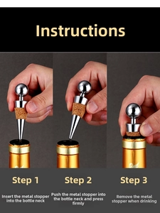 Three-step guide showing how to insert and seal a wine bottle with a metal ball stopper
