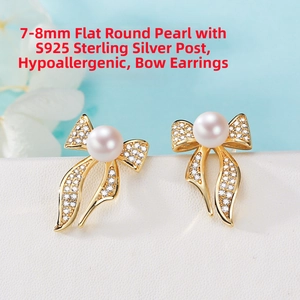 Detailed macro view of bow earrings with 7-8mm freshwater pearls and S925 silver posts