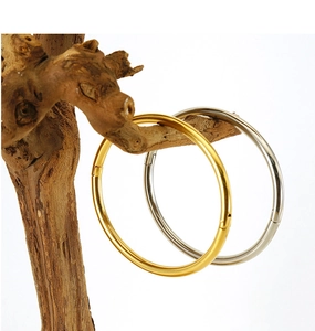 Detail of gold and silver hoop earrings hanging on a natural wooden branch display