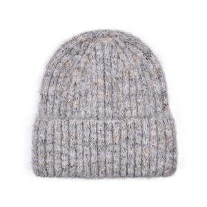 Close-up of marl grey knit hat showing soft thick wool texture and folded cuff detail