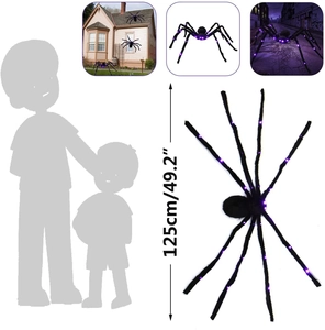 Detailed size comparison of 125cm giant black Halloween spider with purple LED lighting