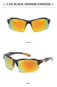 Front and 45-degree side view of black outdoor sports sunglasses with orange mirrored lenses