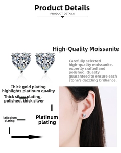 Macro detail of heart-cut moissanite silver earrings showing craftsmanship and on-model wear