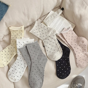 Women Crew Socks Cotton Blend Polka Dot Pattern Breathable Rolled Cuff Casual Soft Japanese Style Hosiery