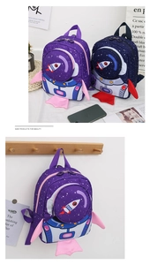 Detailed view of space rocket kids backpacks in purple and navy with safety leash