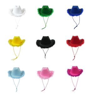 Set of nine colorful western cowboy hats with silver tinsel feather trim and chin straps