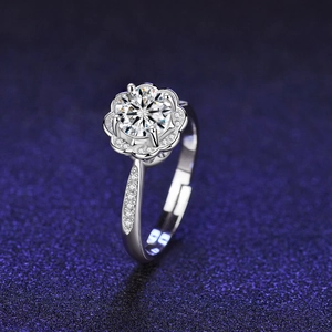 Macro shot of silver zircon floral ring with brilliant main stone and micro-pave detailing