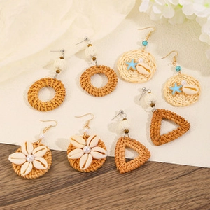 Set of four handmade woven rattan earrings with seashells and starfish for summer