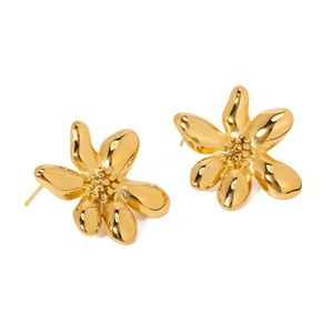 Polished golden flower stud earrings in stainless steel on a white background