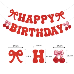 Detailed dimensions of red glitter cherry happy birthday banner with bows and letters