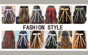 Matrix showing twelve colors of satin ribbon bow hair clips in elegant fashion styles