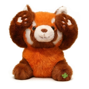 Cute red panda plush toy with orange fur and green clover embroidery on paw
