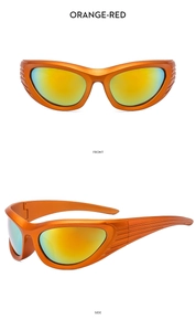 Front and side view of orange-red Y2K sports sunglasses with wraparound frames