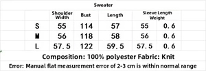 Size chart detail for women's round neck long sleeve cable knit sweater in polyester