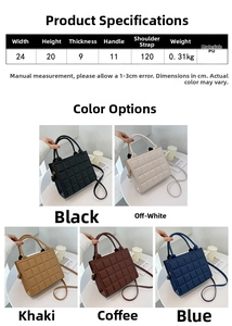Detailed size chart and multi-color view of quilted PU leather square crossbody bag