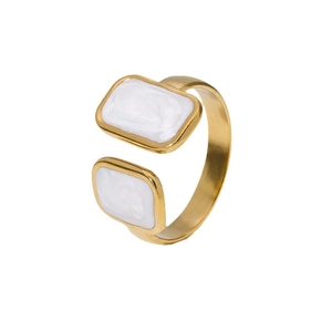 18K gold plated stainless steel open ring with dual white enamel geometric accents