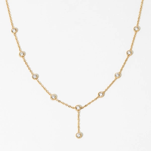 Minimalist stainless steel Y-chain necklace with sparkling bezel-set zircon stones in gold