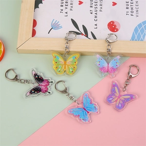 Porte-clés papillon en acrylique coloré avec clip métallique en cinq motifs de style varié