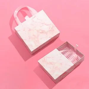 Pink marble texture jewelry gift box with drawer design and silk handle, 14x12x5cm size