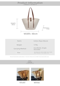 Detailed size chart for large woven cotton rope tote bag with brown leather handles