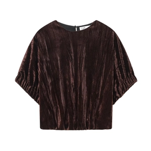 Short sleeve velvet top for women in caramel brown featuring pleated texture and round neck