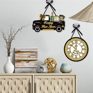 New Year party door hanging decorations featuring a wooden truck and clock design