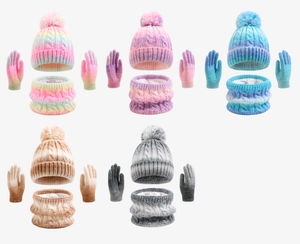 Winter-Strickset mit Verlaufs-Bommelmütze, Schal und Handschuhen in fünf Farben