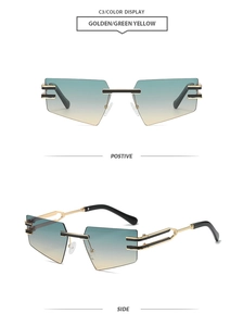 Detail view of rimless geometric sunglasses with gold cutout temples and gradient lenses