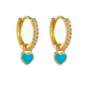 Golden heart-shaped hoop earrings with turquoise inlay and tiny sparkling crystals
