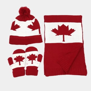 Knit winter set with Canada maple leaf pattern including a beanie, scarf and mittens