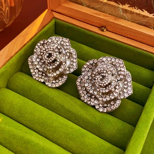 Vue macro de boucles d'oreilles rose en argent avec cristaux dans un écrin en velours vert