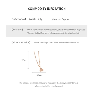 Detailed spec sheet showing a 47cm rose gold clover pendant necklace in copper material