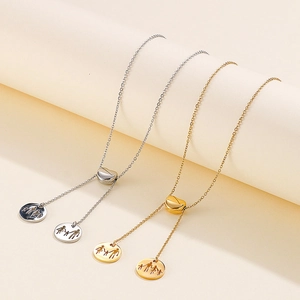 Minimalist Stainless Steel Lariat Necklace Heart Sliding Buckle Family Silhouette Round Pendants Trendy Style For Women