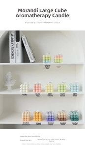 Macro detail of cube bubble soy wax candle on a minimalist white shelf setup