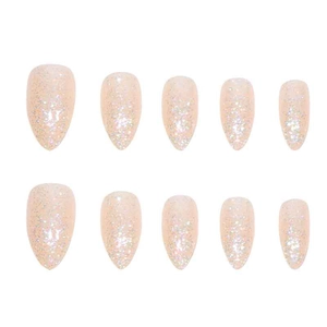 Champagne gold glitter press-on nails with iridescent sparkles in a short stiletto shape