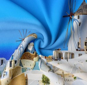 Detailed macro view of Santorini print fabric with high-definition weave texture